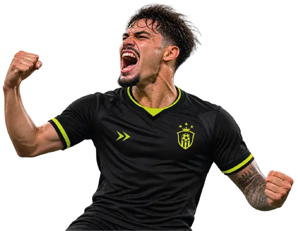 Jogador de futebol comemorando com camisa preta e detalhe verde neon